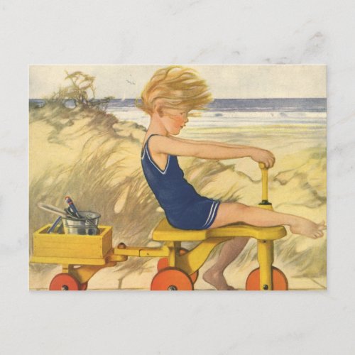 Vintage Boy Playing at the Beach with Sand Toys Postcard