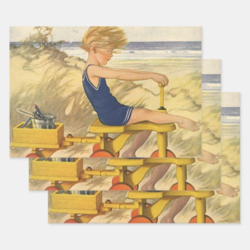 Vintage Boy Playing at the Beach with Sand Toys Wrapping Paper Sheets