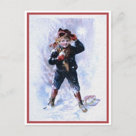 Vintage Boy Playing Snowballs Postcard