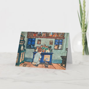 Vintage Boy Playing with Christmas Toys Painting Holiday Card