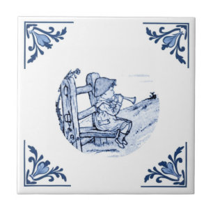 Vintage Boy Plays Music Trumpet Delft Blue & White Ceramic Tile