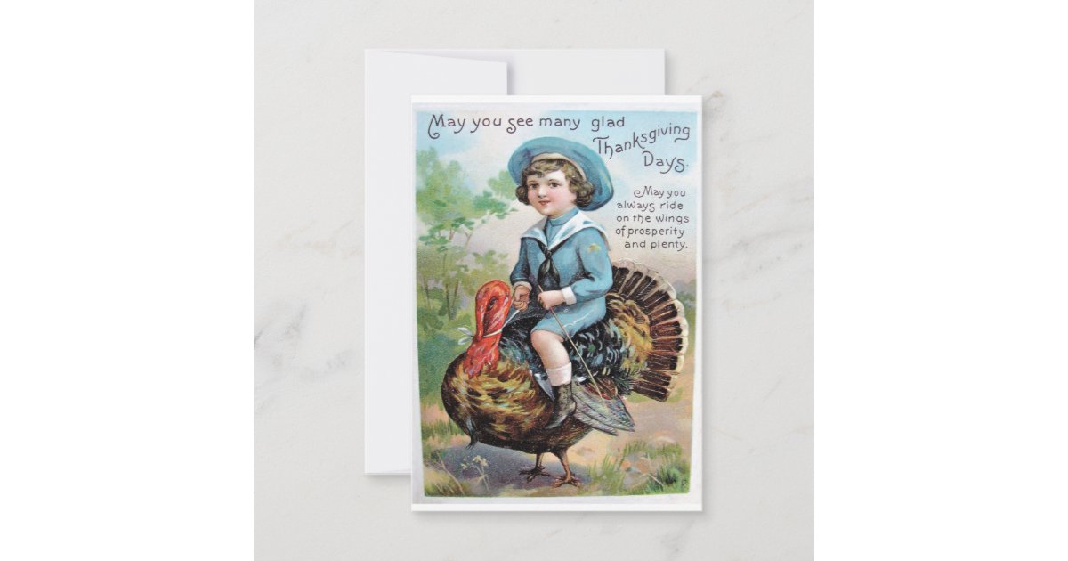 Vintage Boy Riding on Turkey Thanksgiving Greeting Card | Zazzle