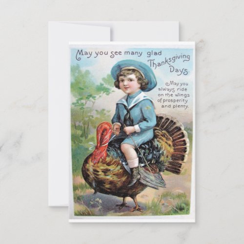 Vintage Boy Riding on Turkey Thanksgiving Greeting Card