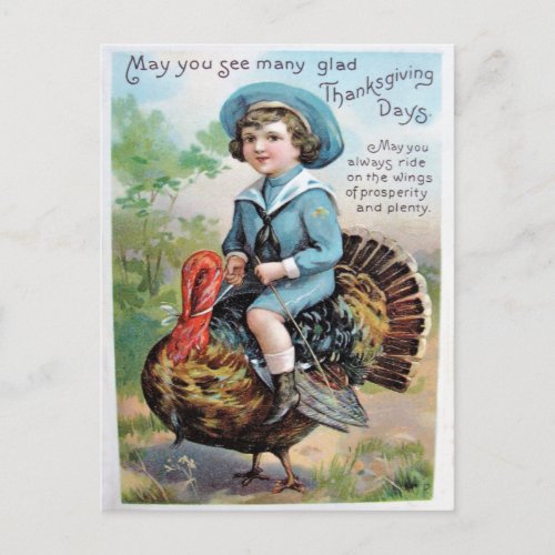 Vintage Boy Riding on Turkey Thanksgiving Greeting Postcard