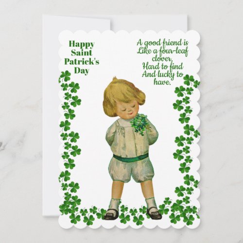 Vintage Boy Saint Patricks Day Luck Shamrock Green Holiday Card