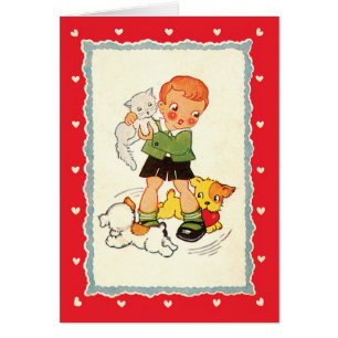 Vintage Boy Saving a Kitten from Racing Puppies Cards