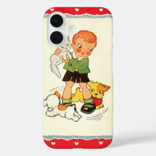 Vintage Boy Saving a Kitten from Racing Puppies iPhone 16 Case
