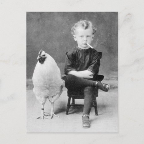 Vintage Boy Smoking Sitting Next to a Chicken Postcard