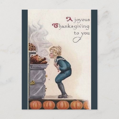 Vintage Boy Sniffing Turkey Thanksgiving Postcard