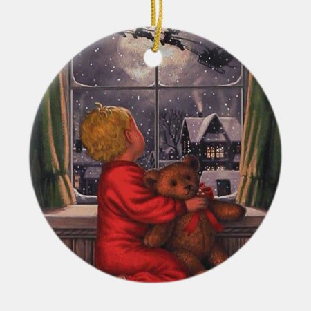 Vintage Boy Watching Santa Claus Fly Over Ceramic Ornament