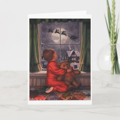 vintage boy watching Santa Claus Fly Over Holiday Card