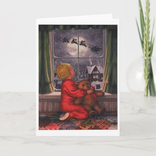 Vintage Boy Watching Santa Claus Fly Over Holiday Card