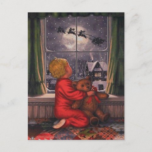 Vintage Boy Watching Santa Claus Fly Over Holiday Postcard