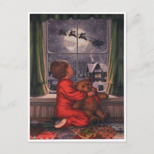 vintage boy watching Santa Claus Fly Over Holiday Postcard