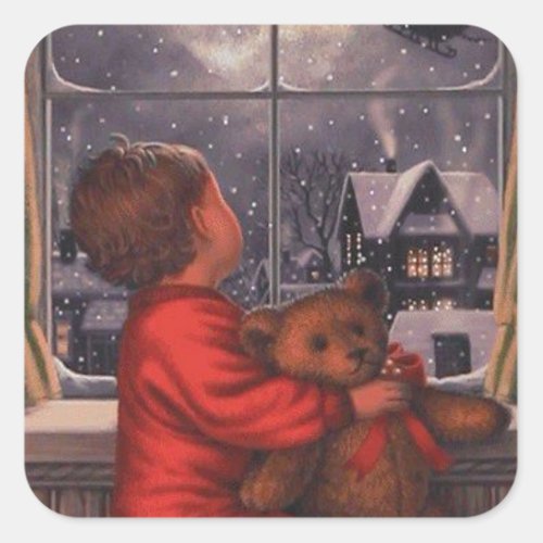 vintage boy watching Santa Claus Fly Over Square Sticker