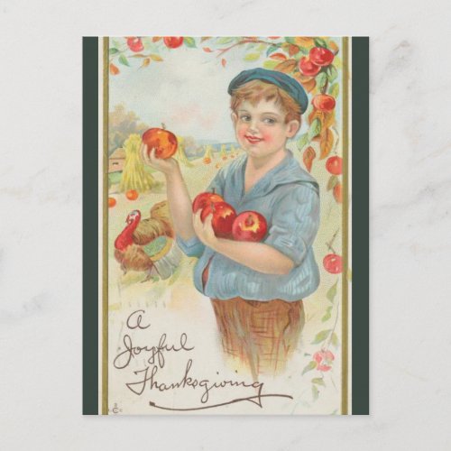 Vintage Boy With Apples Thanksgiving Postcard