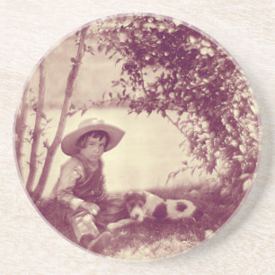 Vintage Boy With Dog At Rest Sandstone Coaster