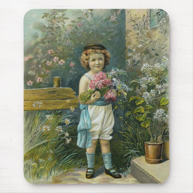 Vintage Boy With Garden Flowers Mouse Pad (Front)