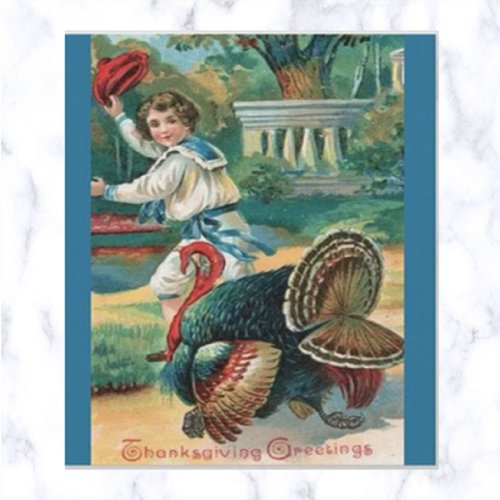 Vintage Boy With Hat Off and Turkey Thanksgiving Postcard