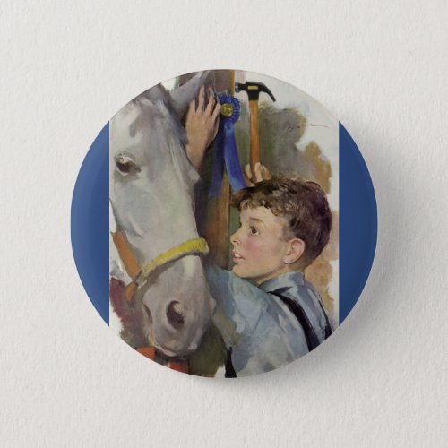 Vintage Boy with His Blue Ribbon Winning Horse Button