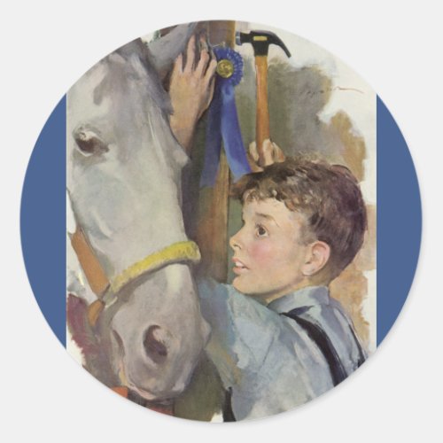 Vintage Boy with His Blue Ribbon Winning Horse Classic Round Sticker