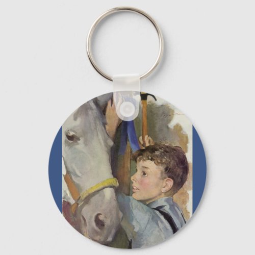 Vintage Boy with His Blue Ribbon Winning Horse Keychain