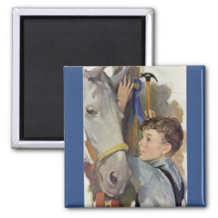 Vintage Boy with His Blue Ribbon Winning Horse Magnet