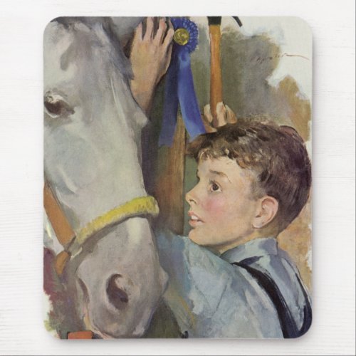 Vintage Boy with His Blue Ribbon Winning Horse Mouse Pad