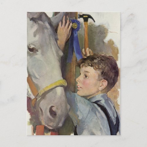 Vintage Boy with His Blue Ribbon Winning Horse Postcard