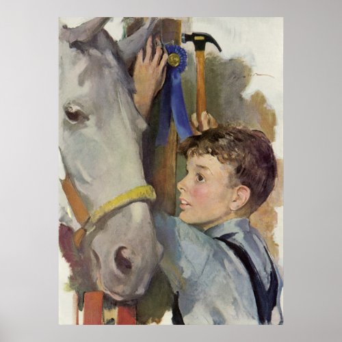 Vintage Boy with His Blue Ribbon Winning Horse Poster