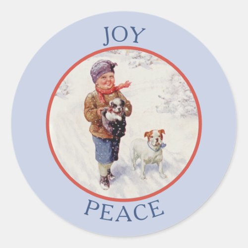 Vintage Boy with Puppies Christmas Classic Round Sticker