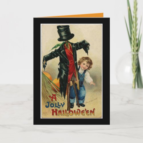 Vintage Boy With Scarecrow Halloween Card