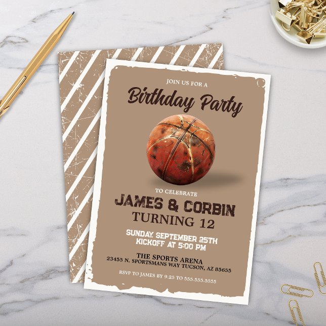 Vintage Boys Basketball Theme Dual Birthday Party Invitation (Basketball theme birthday party invitation for dual siblings party with vintage design)