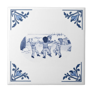 Vintage Boys Dancing Ring Sea Delft Blue & White Ceramic Tile