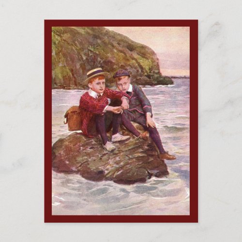 Vintage Boys Sitting On Rock Postcard
