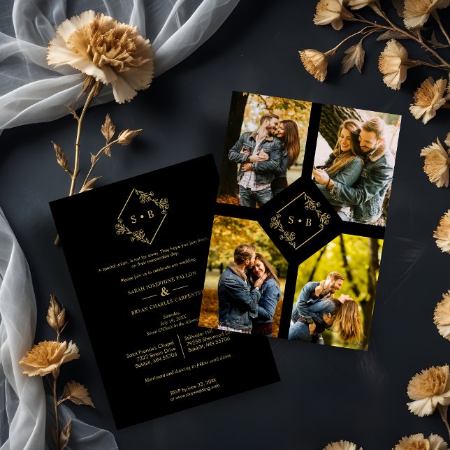 Vintage Branches Diamond Shape Golden 4 Photos Invitation (Vintage Branches Diamond Shape Golden Effect 4 Photos Collage Wedding Invitation with Envelope.)