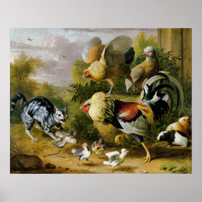 Vintage Brave Cat Among Roosters  Poster (Front)