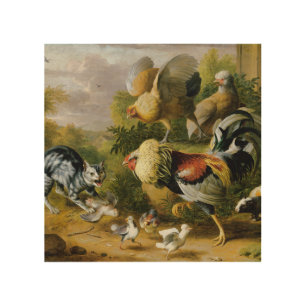 Vintage Brave Cat Among Roosters Wood Wall Art