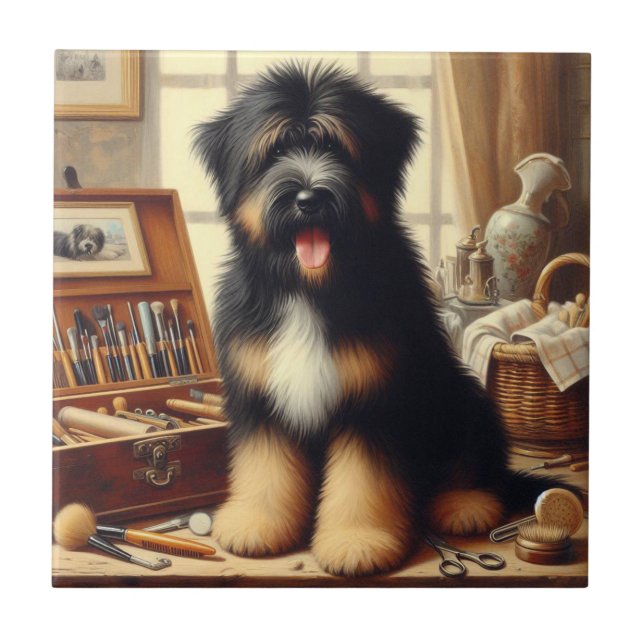 Vintage Briard Dog Painting Ceramic Tile (Front)