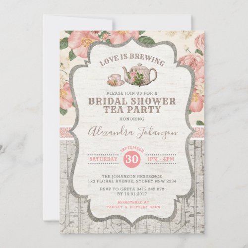Vintage Bridal Shower Tea Party Dusty Pink Floral Invitation