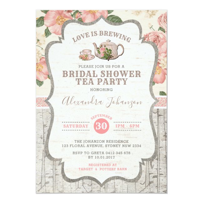 Vintage Bridal Shower Tea Party Dusty Pink Floral Invitation
