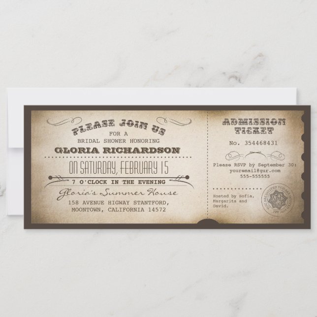 vintage bridal shower ticket typography design invitation (Front)