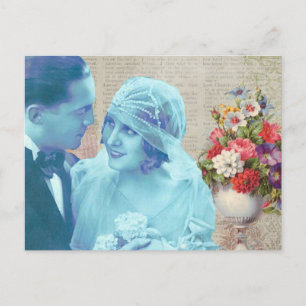 Vintage Bride and Groom Floral Postcard
