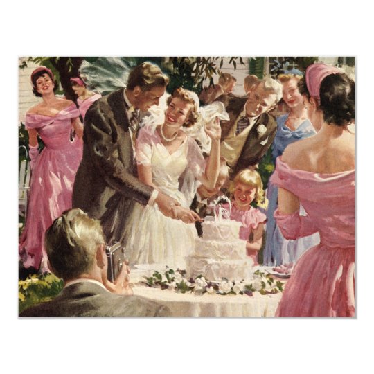 Vintage Bride Groom Newlyweds Cut Cake Invitation