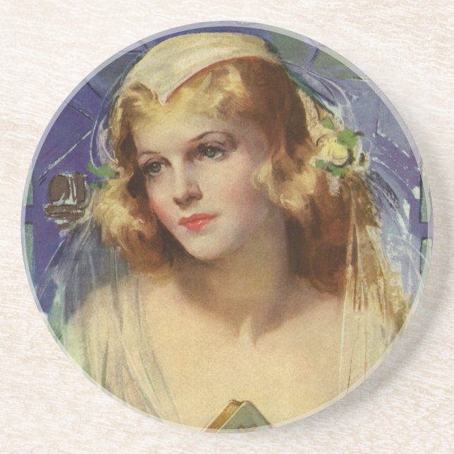 Vintage Bride holding a Bible, Religious Wedding Coaster (Front)