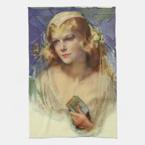 Vintage Bride holding a Bible Religious Wedding Kitchen Towel