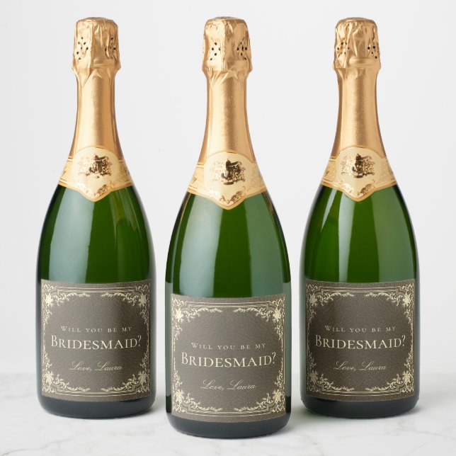Vintage Bridesmaid Proposal Black Gold Elegant  Sparkling Wine Label (Bottles)