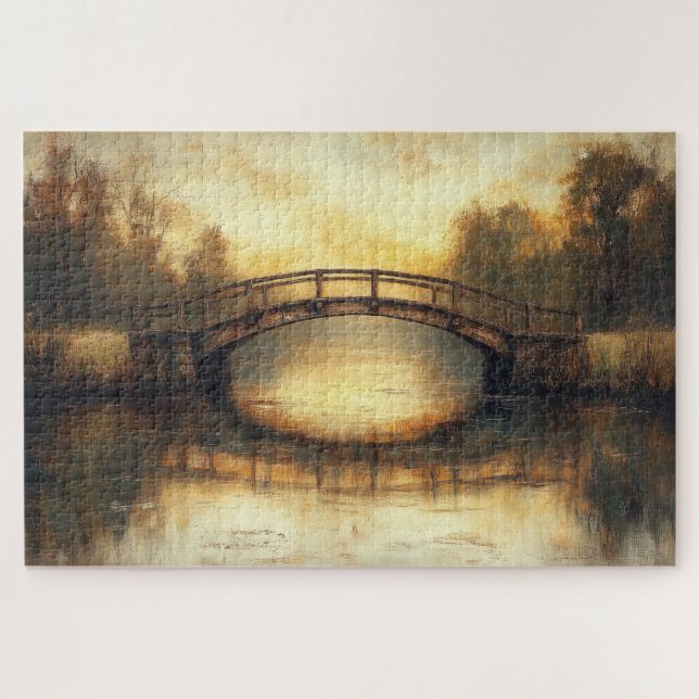Vintage Bridge Over River Painting Countryside  Jigsaw Puzzle (Horizontal)