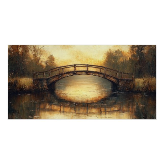 Vintage Bridge Over River Painting Countryside  Poster (Front)