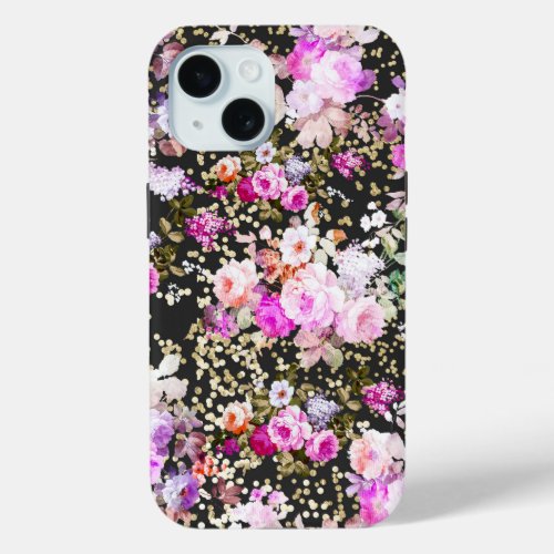 Vintage bright pink floral faux gold confetti iPhone 15 case